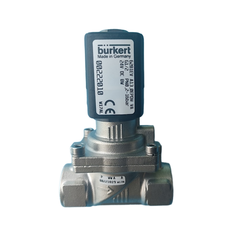 Ηλεκτροβαλβίδα τύπου Burkert 6281 Σερβο-διαφράγματος 00323973 00323975 Εσωτερικό σπείρωμα G1/2 2/2 NC με χειροκίνητη παράκαμψη Σώμα βαλβίδας από ανοξείδωτο χάλυβα Σφράγιση FKM 13.0 Διάμετρος ροής DC24V AC220V